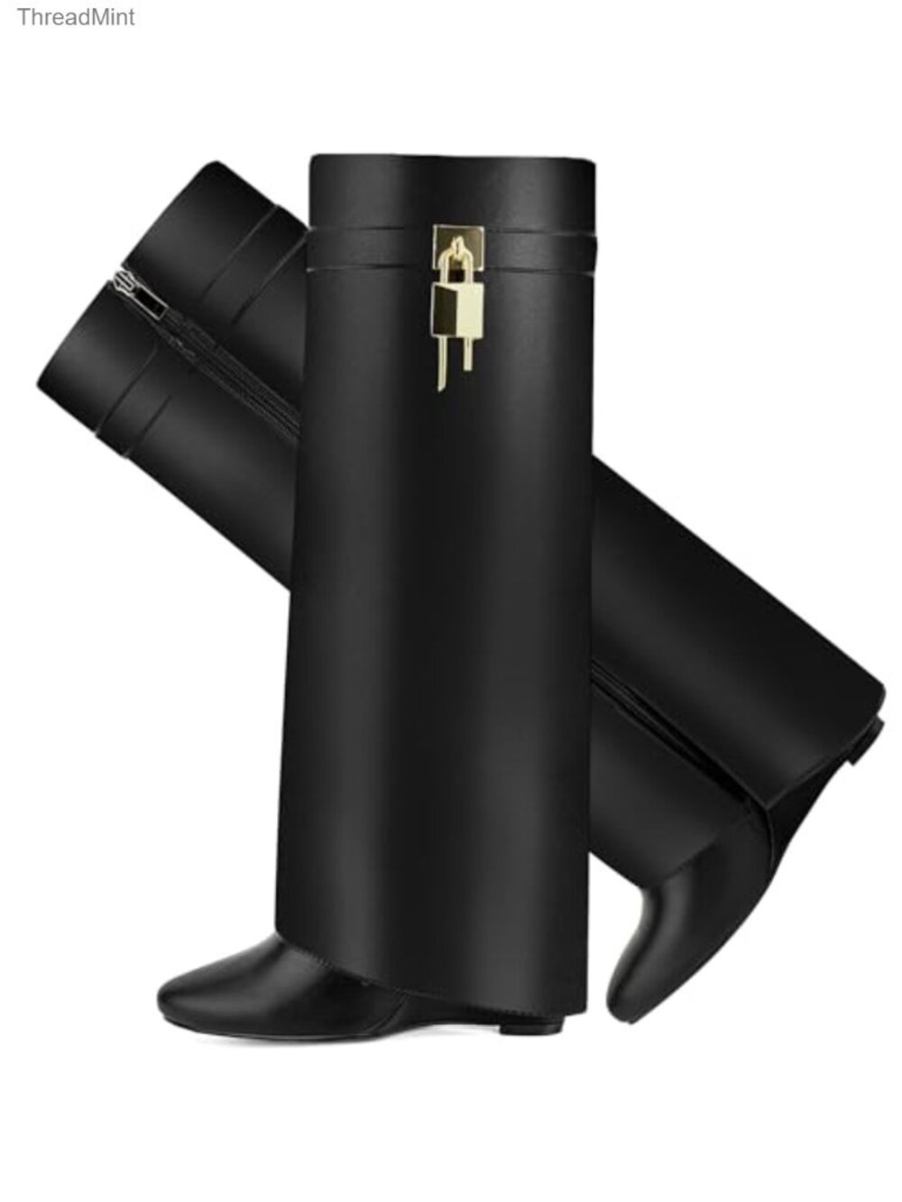 Faux Leather Fold Over Knee High Shark Boots 4-Inch Wedge Heel Side Zipper